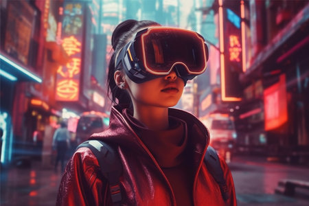A woman wearing a vr headset in front of a cityscape, ai generatedの素材