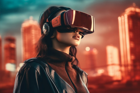 A woman wearing a vr headset in front of a cityscape, ai generatedの素材