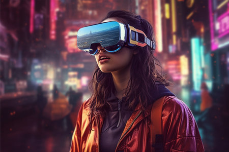 A woman wearing a vr headset in front of a cityscape, ai generatedの素材