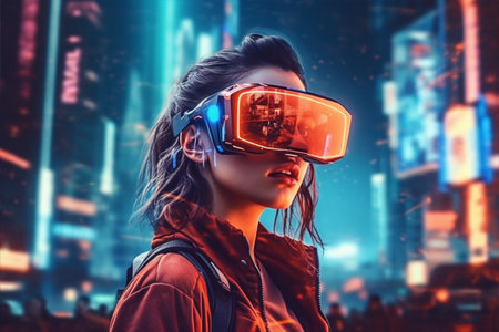 A woman wearing a vr headset in front of a cityscape, ai generatedの素材