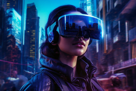 A woman wearing a vr headset in front of a cityscape, ai generatedの素材