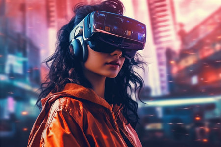 A woman wearing a vr headset in front of a cityscape, ai generatedの素材