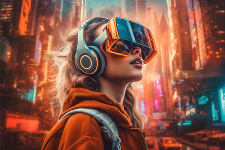 A woman wearing a vr headset in front of a cityscape, ai generatedの素材
