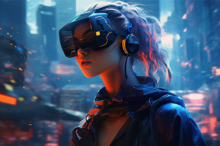 A woman wearing a vr headset in front of a cityscape, ai generatedの素材