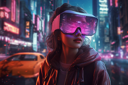 A woman wearing a vr headset in front of a cityscape, ai generatedの素材