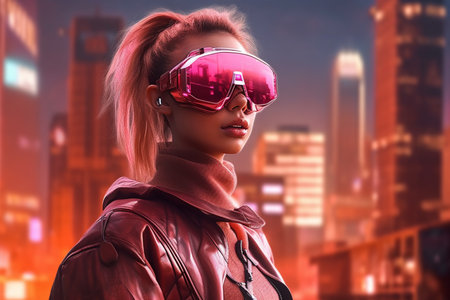 A woman wearing a vr headset in front of a cityscape, ai generatedの素材
