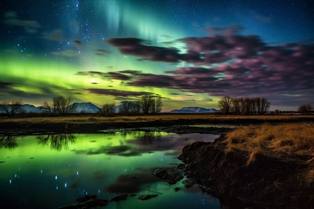 Aurora landscape with northern lightsの素材