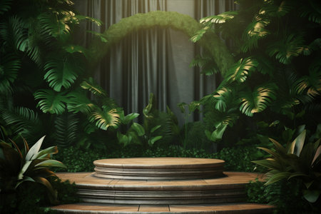 Wooden table with plants and marble backgroundの素材