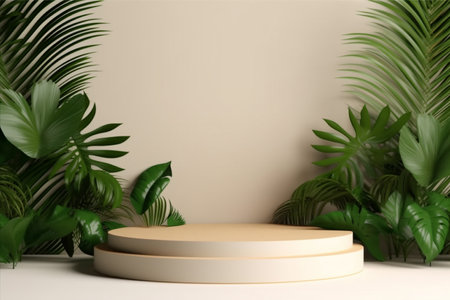 Wooden table with plants and marble backgroundの素材
