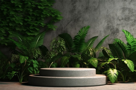 Wooden table with plants and marble backgroundの素材
