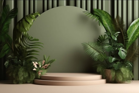 Wooden table with plants and marble backgroundの素材