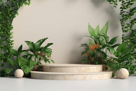 Wooden table with plants and marble backgroundの素材