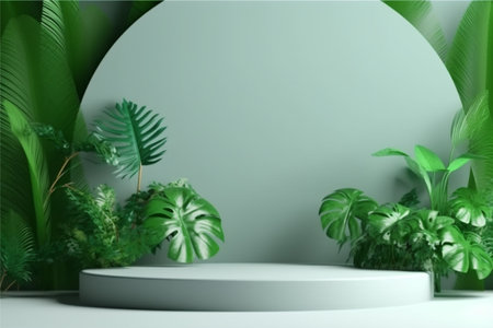 Wooden table with plants and marble backgroundの素材