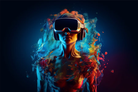 Person wearing virtual reality goggles. Future metaverse technology concept.の素材