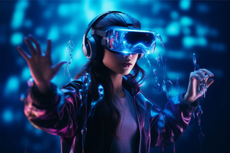 Person wearing virtual reality goggles. Future metaverse technology concept.の素材