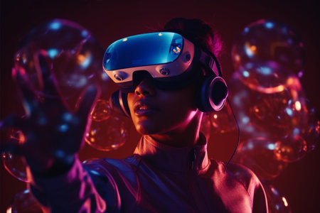 Person wearing virtual reality goggles. Future metaverse technology concept.の素材