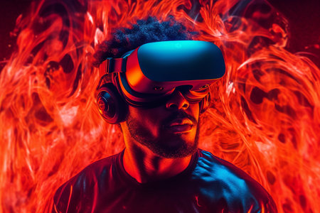Person wearing virtual reality goggles. Future metaverse technology concept.の素材