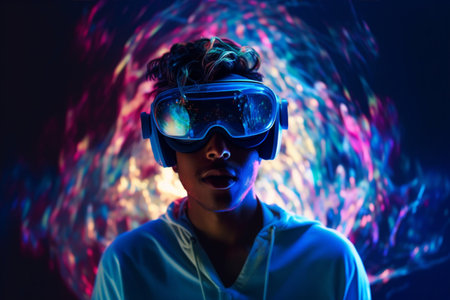 Person wearing virtual reality goggles. Future metaverse technology concept.の素材