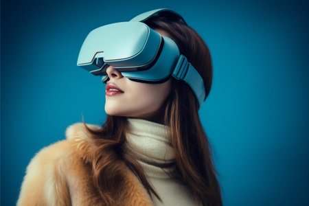 Person wearing virtual reality goggles. Future metaverse technology concept.の素材