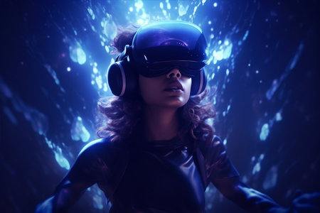 Person wearing virtual reality goggles. Future metaverse technology concept.の素材