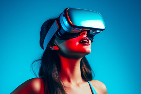 Person wearing virtual reality goggles. Future metaverse technology concept.の素材