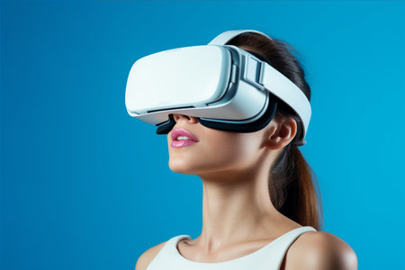 Person wearing virtual reality goggles. Future metaverse technology concept.の素材