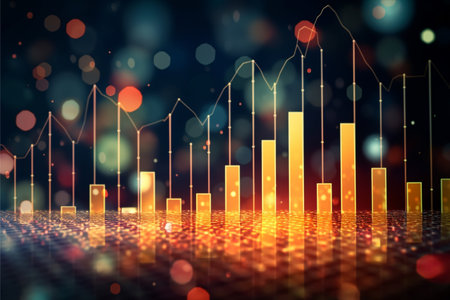 3d illustration of financial graph and chart over cityscape background.の素材