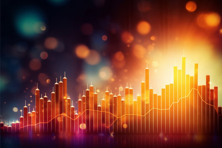 3d illustration of financial graph and chart over cityscape background.の素材