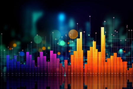 3d illustration of financial graph and chart over cityscape background.の素材