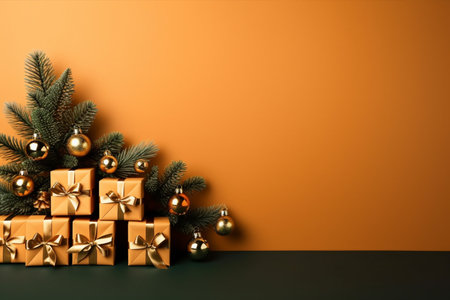 Christmas background with gift box and christmas tree, new year banner backgroundの素材