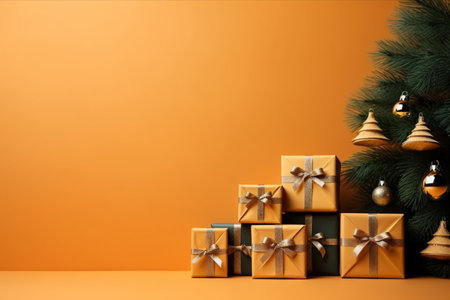 Christmas background with gift box and christmas tree, new year banner backgroundの素材