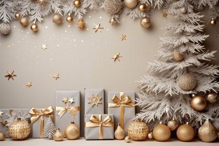 Christmas background with gift box and christmas tree, new year banner backgroundの素材