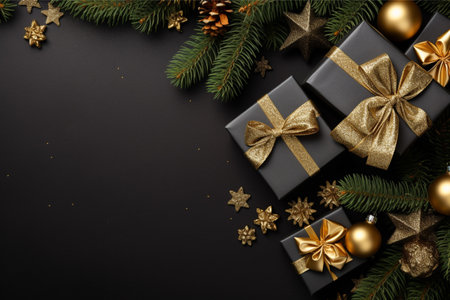 Christmas background with gift box and christmas tree, new year banner backgroundの素材