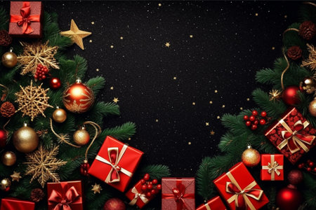 Christmas background with gift box and christmas tree, new year banner backgroundの素材