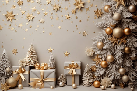 Christmas background with gift box and christmas tree, new year banner backgroundの素材