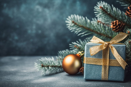 Christmas background with gift box and christmas tree, new year banner backgroundの素材