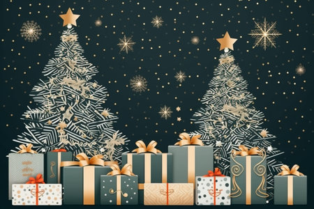Christmas background with gift box and christmas tree, new year banner backgroundの素材