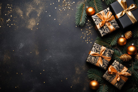 Christmas background with gift box and christmas tree, new year banner backgroundの素材
