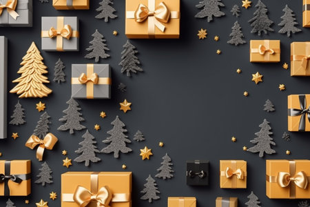 Christmas background with gift box and christmas tree, new year banner backgroundの素材