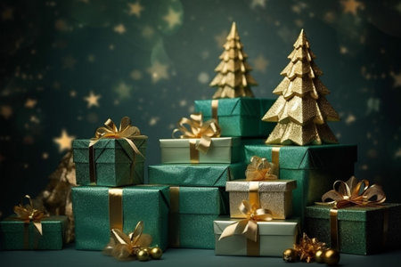 Christmas background with gift box and christmas tree, new year banner backgroundの素材