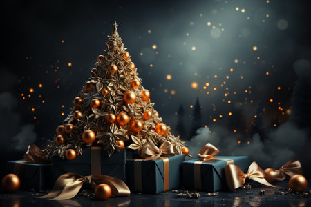 Christmas background with gift box and christmas tree, new year banner backgroundの素材