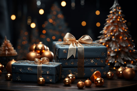 Christmas background with gift box and christmas tree, new year banner backgroundの素材