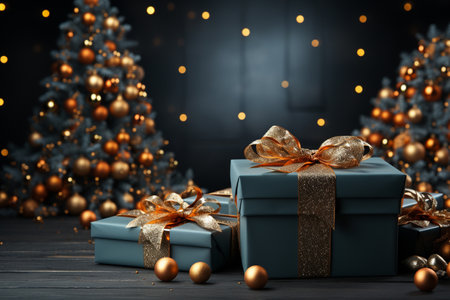 Christmas background with gift box and christmas tree, new year banner backgroundの素材