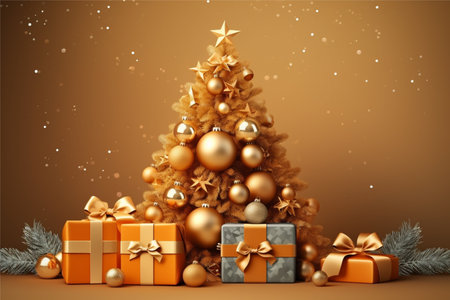 Christmas background with gift box and christmas tree, new year banner backgroundの素材