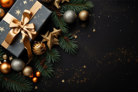 Christmas background with gift box and christmas tree, new year banner backgroundの素材