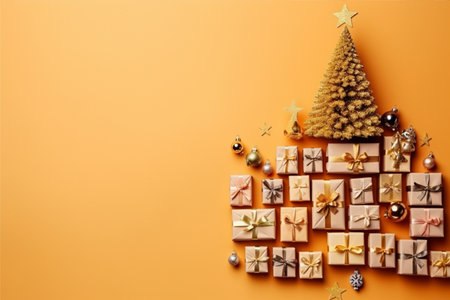 Christmas background with gift box and christmas tree, new year banner backgroundの素材