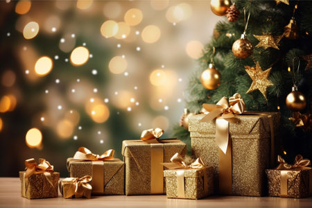 Christmas background with gift box and christmas tree, new year banner backgroundの素材