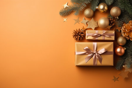 Christmas background with gift box and christmas tree, new year banner backgroundの素材