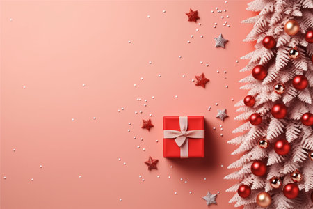 Christmas background with gift box and christmas tree, new year banner backgroundの素材