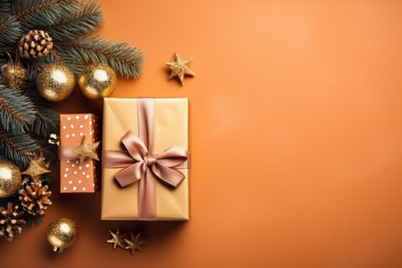 Christmas background with gift box and christmas tree, new year banner backgroundの素材
